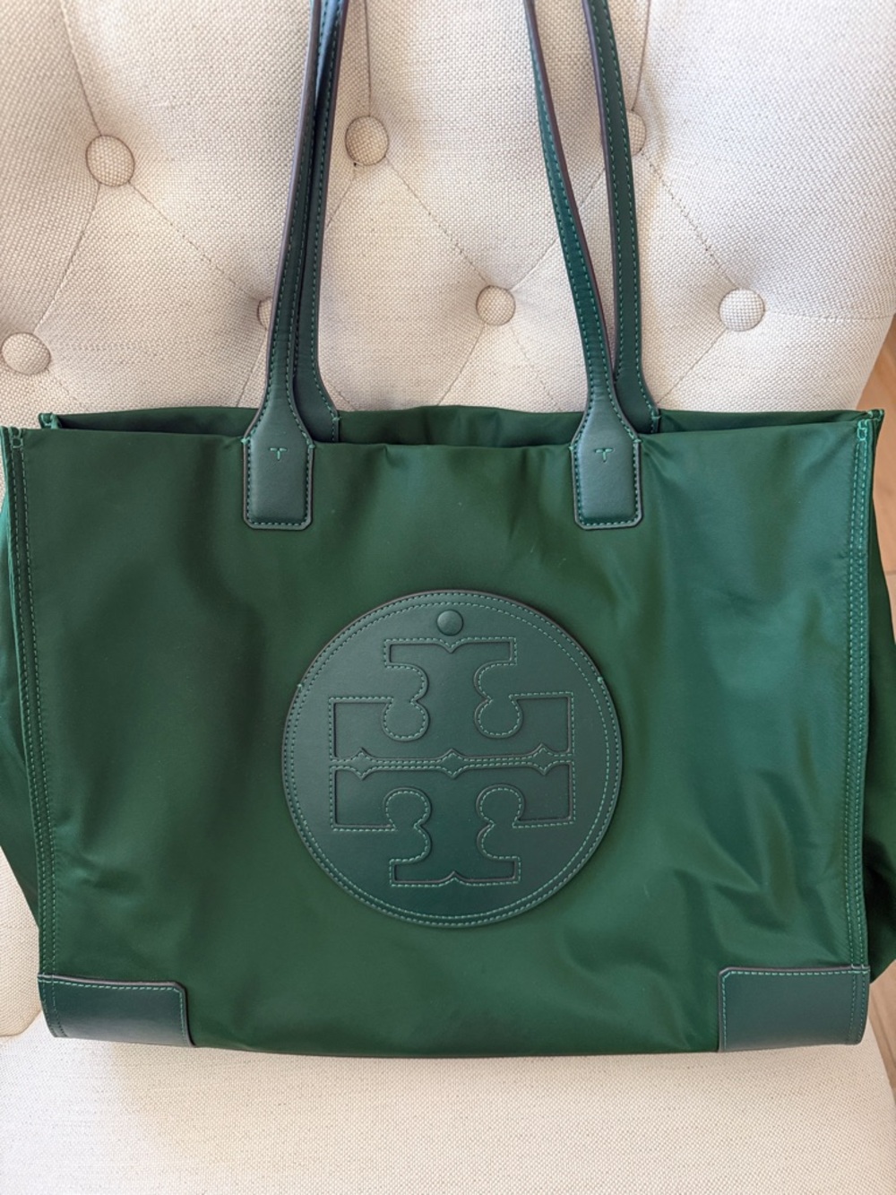 Tory Burch Dark Green Logo Nylon Tote